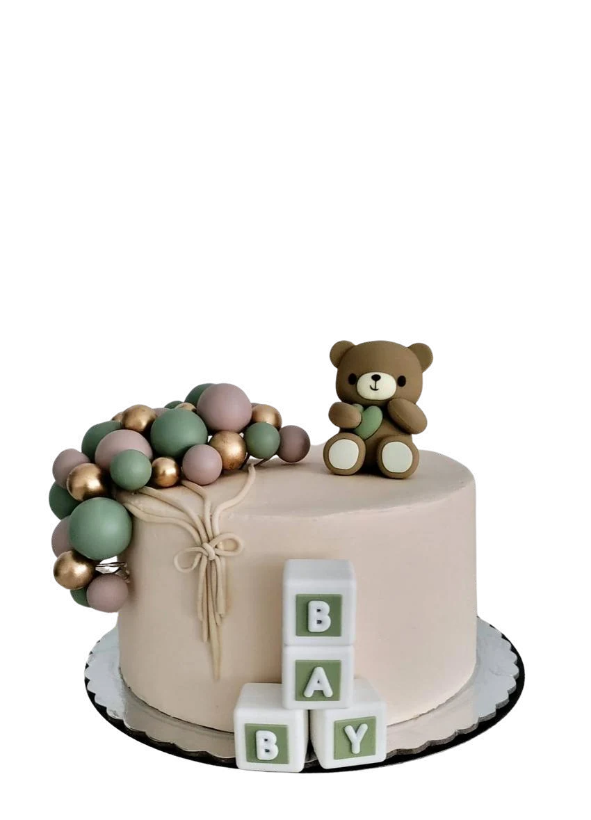 Tarta de baby shower con osito, globos y cubos